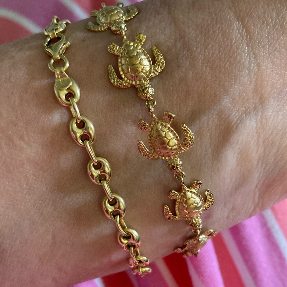 Island girl made in Hawaii 14k gold on SS Honu Turtle bracelet.